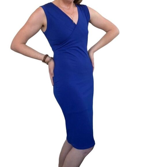 Angvns Women's Faux Wrap Colbalt Blue Midi Dress S - Picture 2 of 14